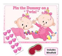 Twins Baby Shower Game - Pin the Dummy on a TWIN! (10 Dummies WITH Blindfold, PINK)