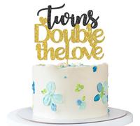 Twins Double the Love Cake Topper - It's Twins Birthday Cake Supplies - Babies 1st 2nd 3rd Birthday Party - Baby Shower Party Decorations - Black Gold Glitter