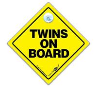 Twins on Board Sign, Baby on Board Sign for Twins in High Visibility Yellow and Black, 14cm, Reusable Suction Cup