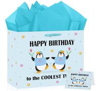 Twins Penguin Birthday Gift Bag Decorations Blue Twins Happy Birthday Wrapping with Tissue Paper Card the Coolest Twins Funny Penguin Gifts for Boys Girls Kids Bday Baby Shower Gender Reveal Supplies