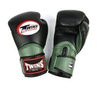 Twins Special BGVL11 Long-Cuff Leather Boxing Gloves, Hook & Loop Closure, For Muay Thai, Boxing, Kickboxing & MMA Training & Sparring (Black/Olive, 14oz)