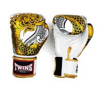 Twins Special FBGVL4 Printed Design Leather Boxing Gloves, Hook & Loop Closure, For Muay Thai, Boxing, Kickboxing & MMA Training & Sparring (Nagas White/Gold, 14oz)