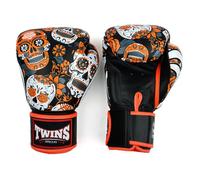 Twins Special FBGVL4 Printed Design Leather Boxing Gloves, Hook & Loop Closure, For Muay Thai, Boxing, Kickboxing & MMA Training & Sparring (Calaveras Orange, 16oz)