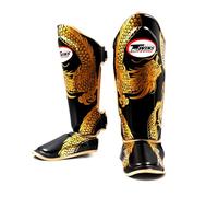 Twins Special FSGL10 Printed Design Leather Shin Pads, Double Padded - For Muay Thai, Kickboxing & MMA Training & Sparring (Dragon Black/Gold, Medium)