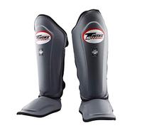 Twins Special SGL10 Genuine Leather Shin Pads, Double Padded - For Muay Thai, Kickboxing & MMA Training & Sparring (Grey/Black, Large)