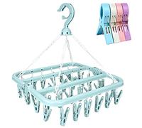 twirush Sock Dryer, 32 Peg Sock Hanger for Washing Line, Foldable Indoor Sock Dryer with 4 Large Beach Towel Clips Quilt Clips for Underwear Clothes Shoe Insoles Underwear Baby Clothes & Hats (Blue)