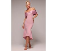 Twist Knot Satin & Scuba Bardot High Low Midi Dress Goddiva Light Pink 16