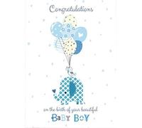 Twist 'n' Shout Baby Boy Birth Congratulations Card from the Range- Elephant & Balloons- Foil Finish