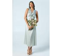 Twist V Neck Tie Back Satin Bridesmaids Midi Dress Oasis Sage 8