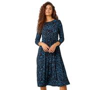 Roman Originals Fit and Flare Dress for Women Ladies Chest Twist Knot Ruched Tea Skater Empire Waist Wedding Guest Smart Casual Swing Midi 3/4 Long Sleeve Knee Length - Blue Black - Size 12