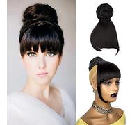 Twisted Bun & Bang Set 2PCS, Synthetic Braided Hair Bun N Bangs Straight Clip in China Bang High Bun with Bangs Clip on Hair Piece for Black Women(1B#, XG3001)