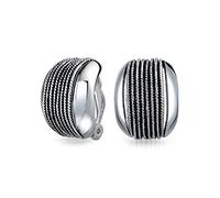 Twisted Cable Chain Rope Wide Half Hoop Clip On Earrings For Women Non Pierced Ears Oxidized Sliver Plated Brass