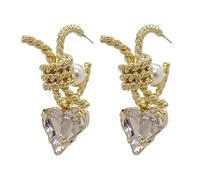 Twisted Gold Knot Heart Crystal Pearl Dangle Earrings for Daily Party | Twisted Rope Knot Heart Crystal Pearl Dangle Earrings, Romantic Gold Statement Earrings for Women Dating Gifting