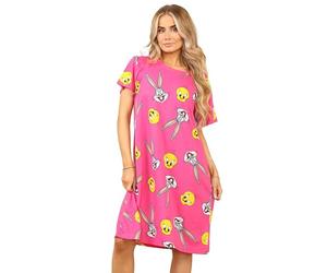 Twisted Thread Official Looney Tunes Bugs Bunny & Tweety Ladies Nightshirt, 100% Cotton, Oversized Sleep Dress, Pink, Short Sleeve, Graphic Print, Women's Nightie, Nightdress (16-18 (L))