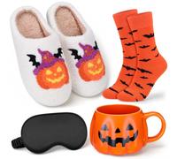 Twistover 4 Pcs Halloween Gifts Set for Women Spooky Care Package with Plush Pumpkin Slippers, Ceramic Coffee Mug, Bat Crew Socks & Black Sleep Mask, Fall Birthday Party Favors(9-10 Women)