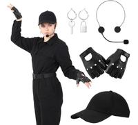 Twistover 6 Pcs Halloween Star Singer Costume Accessory, Black Half Finger Gloves, Cotton Cap, Lock Key Earrings, Headset Mic
