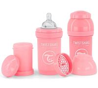 Twistshake 2X Anti-Colic Baby Bottle with Milk Powder Container and Mixer - 180ml | Slow Flow Silicone Breast-Like Nipple | BPA- Free Baby Milk Bottle | Suitable for Newborn Babies (0+) | Pink