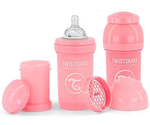 Twistshake 2X Anti-Colic Baby Bottle with Milk Powder Container and Mixer - 180ml | Slow Flow Silicone Breast-Like Nipple | BPA- Free Baby Milk Bottle | Suitable for Newborn Babies (0+) | Pink