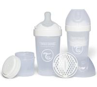 Twistshake 2X Pro Double Anti-Colic Baby Bottles with Powder Container - 260 ml | Medium Flow Silicone Breast-Shaped Nipple | BPA-Free | Suitable for Babies 2 Months+ | White
