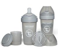 Twistshake 2X Pro Double Anti-Colic Baby Bottles with Powder Container - 260 ml | Medium Flow Silicone Breast-Shaped Nipple | BPA-Free | Suitable for Babies 2 Months+ | Grey