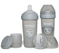 Twistshake 2X Pro Double Anti-Colic Bottles with Powdered Milk Container - 330 ml | Fast Flow Silicone Breast-Shaped Nipple | BPA-Free | Suitable for Babies Over 4m+ | Grey