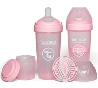 Twistshake 2X Pro Double Anti-Colic Bottles with Powdered Milk Container - 330 ml | Fast Flow Silicone Breast-Shaped Nipple | BPA-Free | Suitable for Babies Over 4m+ | Pink