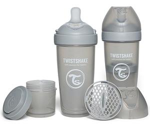 Twistshake 2X Pro Double Anti-Colic Bottles with Powdered Milk Container - 330 ml | Fast Flow Silicone Breast-Shaped Nipple | BPA-Free | Suitable for Babies Over 4m+ | Grey
