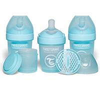Twistshake 3X Pro Double Anti-Colic Baby Bottle with Powdered Milk Container - 180 ml | Slow Flow Silicone Breast-Shaped Nipple | BPA-Free | Suitable for Newborns | Blue