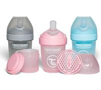 Twistshake 3X Pro Double Anti-Colic Bottle with Powder Container - 180 ml | Slow Flow Silicone Breast-Shaped Nipple | BPA-Free | Suitable for 0 Months+ | Pink Grey Blue