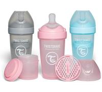 Twistshake 3X Pro Double Anti-Colic Bottle with Powder Container - 260 ml | Medium Flow Silicone Breast-Shaped Nipple | BPA-Free | Suitable for Babies 2m+ | Pink Grey Blue