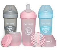 Twistshake 3X Pro Double Anti-Colic Bottle with Powder Container - 330 ml | Fast Flow Silicone Breast-Shaped Nipple | BPA-Free | Suitable for Babies 4m+ | Pink Grey Blue