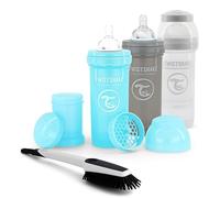 Twistshake Anti-Colic Baby Bottle Set with Milk Powder Container and Mixer - Set of 3 | Includes 1 Cleaning Brush | Fast Flow Silicone Teat | San BPA | 2 Months+ | Grey Blue