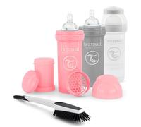 Twistshake Anti-Colic Baby Bottle Set with Milk Powder Container and Mixer - Set of 3 | Includes 1 Cleaning Brush | Fast Flow Silicone Teat | San BPA | 2 Months+ | Pink Purple