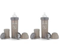 Twistshake Anti-Colic Baby Bottle with Milk Powder Container and Mixer - 330ml | Fast Flow Silicone Breast-Like Nipple | BPA- Free Baby Milk Bottle | Suitable for 4+ Month Babies | Grey (Pack of 2)