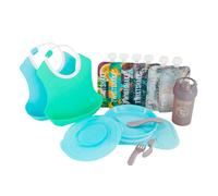 Twistshake Click-mat Mini Children's Crockery Set Bundle with 2 x Bibs, Drinking Bottle, 6 x Squeeze Bags, BPA-, Pastel Blue/Pastel Green