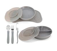 Twistshake Baby Tableware Set - 6 Pieces | 1x Baby Silicone Placemat - 1x Children's Plate - 1x Divided Plate - 3X Stainless Steel Learning Cutlery | Tableware for Baby Weaning | 6 Months+ | Grey