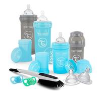 Twistshake Newborn Anti-Colic Baby Bottle Set with Milk Powder Container and Mixer - 9 Pieces | 4 x Milk Bottles - 2 x Dummies - 2 x Teats - 1 x Bottle Brush | BPA-Free | 0m+ | Blue Grey
