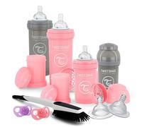 Twistshake Newborn Anti-Colic Baby Bottle Set with Milk Powder Container and Mixer - 9 Pieces | 4 x Milk Bottles - 2 x Dummies - 2 x Teats - 1 x Bottle Brush | BPA-Free | 0m+ | Pink Grey
