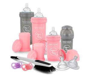 Twistshake Newborn Anti-Colic Baby Bottle Set with Milk Powder Container and Mixer - 9 Pieces | 4 x Milk Bottles - 2 x Dummies - 2 x Teats - 1 x Bottle Brush | BPA-Free | 0m+ | Pink Grey