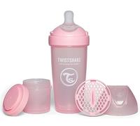 Twistshake Pro Double Anti-Colic Baby Bottle with Powdered Milk Container - 330 ml | Fast Flow Silicone Breast-Shaped Nipple | BPA-Free | Suitable for Babies Over 4m+ | Pink