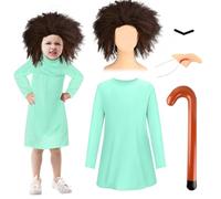 Twit Costume Include Green Long Sleeved Dress Afro Wig Cane Fake Nose and Eyebrow for World Book Day Book Week Fancy Dress Costume Outfit (110 CM)