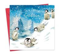 Twizler Godson Christmas Card with Playing Penguins - Happy Xmas Godson - Merry Christmas Godson