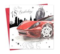 Twizler Happy 18th Birthday Card for Him with Silver Foiling & Watercolour Effect - Red Sports Car - Age 18 Year Old Birthday Card for Men Male