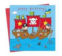 Twizler Happy Birthday Card for Boy with Pirates, Boat, Parrot and Swarovski Crystal Finish - Childrens Birthday Card - Boys Birthday Card