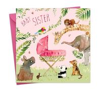 Twizler New Baby Sister Card with Pink Crib and Jungle Animals - Cute Congratulations New Baby Girl Card - Gifts for Newborn Sister