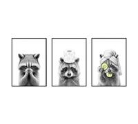 TWNSLLA Adorable Raccoon Bathroom Wall Art Set of 3, Funny Bathroom Decor, Unframed, 8x10 Inch Canvas Prints