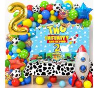 Two 2 Infinity and Beyond Birthday Party Decorations Set Including Backdrop,Balloon Garland Arch, Tablecloth, Cake Toppers