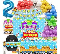 Two 2 Infinity & Beyond Birthday Decorations Cartoon Story Party Supplies 2nd Birthday include Backdrop Banner Cake Cupcake Toppers highchair Two Banner Balloons Arch Kits Tablecloth