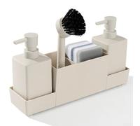 Two 350ml Manual Soap Dispensers with Integrated Sponge Holder, Cleaning Brush and Drainage Tray in One Kitchen Sink Organizer System (Beige)