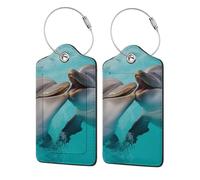 Two Adorable Dolphins Luggage Tag, Pu Leather Travel Luggage Tag Suitcase Tag Durable Steel Loop Suitcase Tags Identifiers